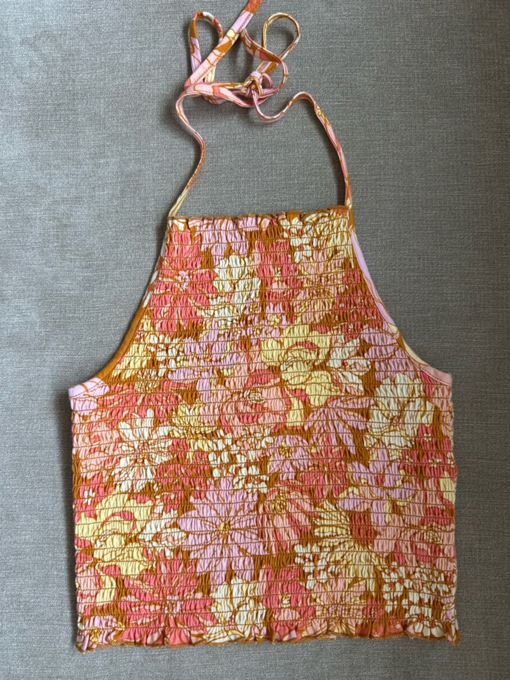 Billabong Smocked Halter Crop Top Floral Pink Orange Stretch Crop Size S